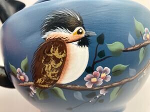 Vintage Mirro Teapot Aluminum with Lid Hand Painted Floral and Bird USA Blue